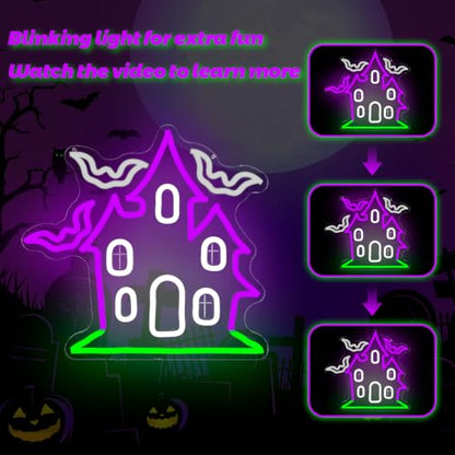 Haunted House with Flying Bat Halloween Neon Sign Dimmable Led Wall Decor (Haunted House)