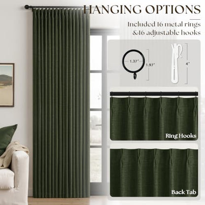 Olive Green Pleated Linen Blackout 96 Inch Curtains for Bedroom Living Room (Loden / 50"W x 96"L (Pack of 2))