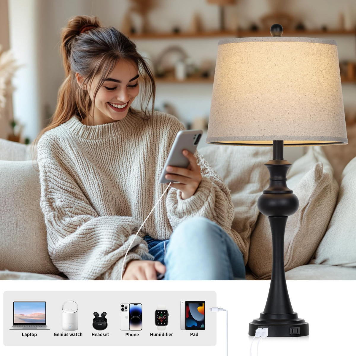 Black Table Lamp for Living Room (Black)
