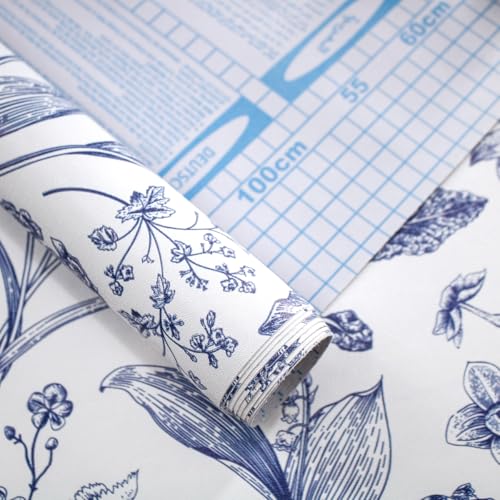 White and Blue Floral Peel and Stick Wallpaper Vintage 17in x 118in (Blue / 16.9" x 118.1")