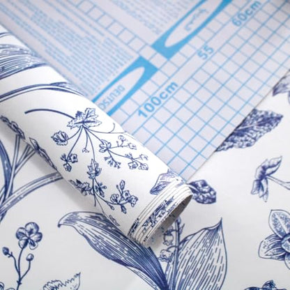 White and Blue Floral Peel and Stick Wallpaper Vintage 17in x 118in (Blue / 16.9" x 118.1")
