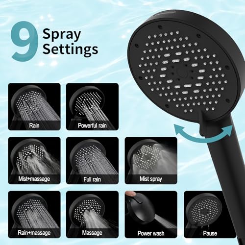 High Pressure Filtered Handheld Shower Head 9 Spray（1 filter） (1.8 Gallon Per Minute+1 Filter / Matte Black)