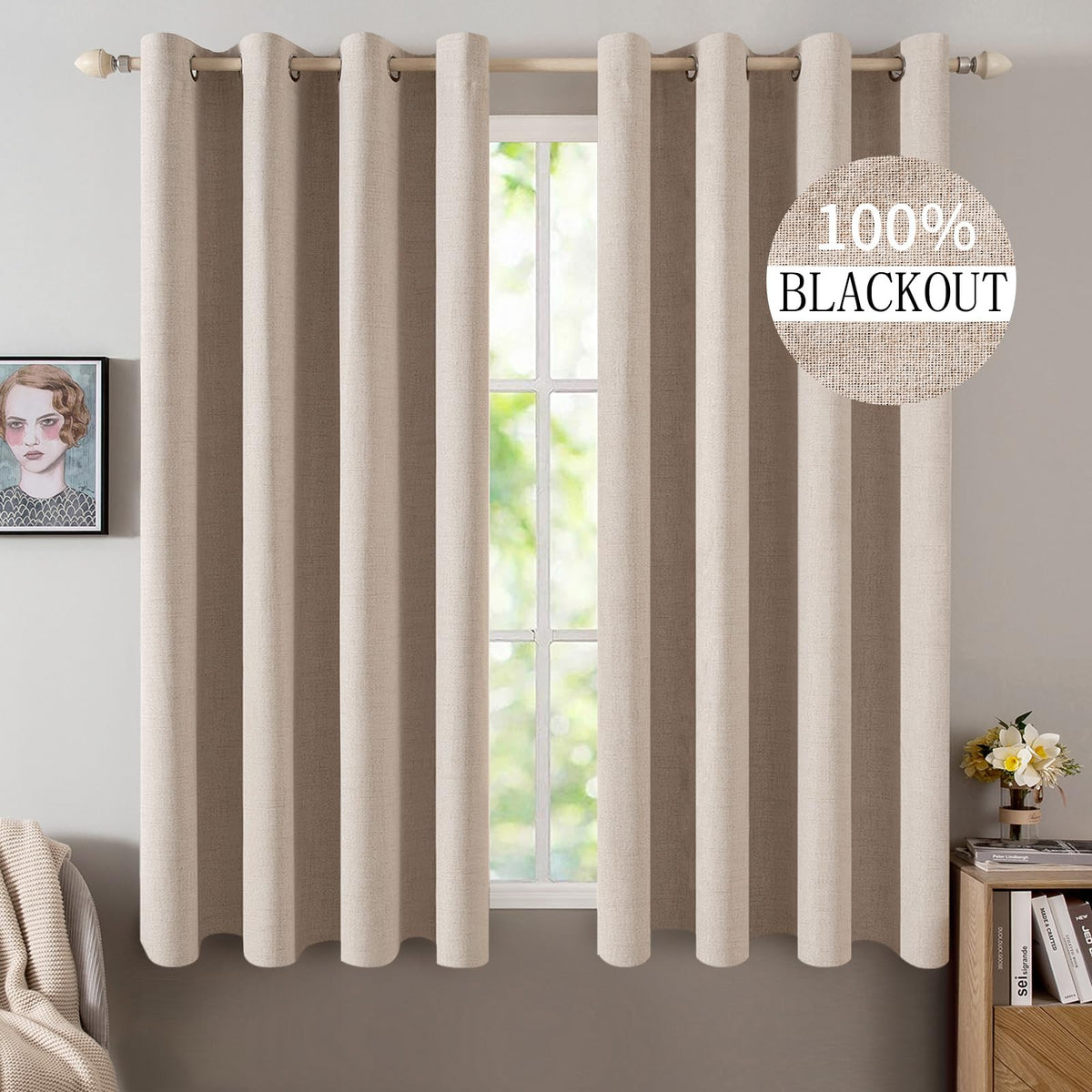 100% Blackout Linen Curtains for Bedroom 52x63 Inches Natural Beige (Beige / 52"W x 63"L (Pack of 2))