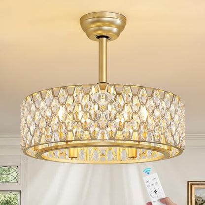 Caged Ceiling Fan with Lights and Remote 20 Inch Gold Crystal Fandelier Ceiling Fan Modern Farmhouse Chandelier Fan Light