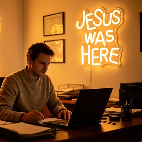 Neon Sign Jesus Was Here neon sign for Wall Decor Christian LED Signs Dimmable&USB Power Neon Light for Bedroom Easter Religious Events Church Decor（Warm White）