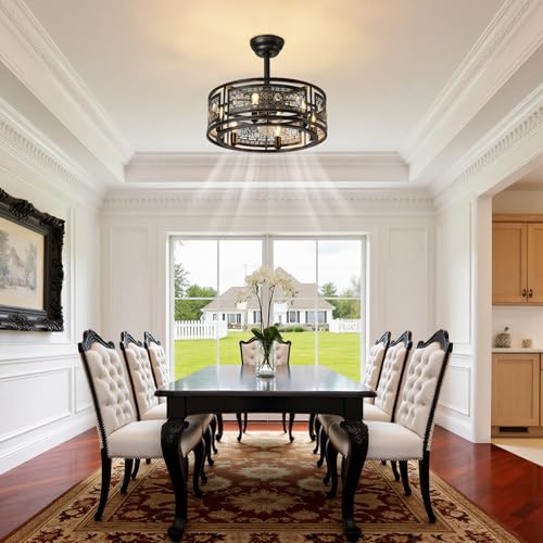 Farmhouse Fandelier Ceiling Fan with Lights 19 Inch Black Rustic Vintage Crystal Ceiling Fan Antique Fandelier Semi Flush Mount Bladeless Chandelier Fan for Bedroom Living Room Dining Room (Black / Downrod)