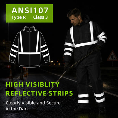 High Vis Safety Rain Jackets and Pants for Men Women (Black / Large)