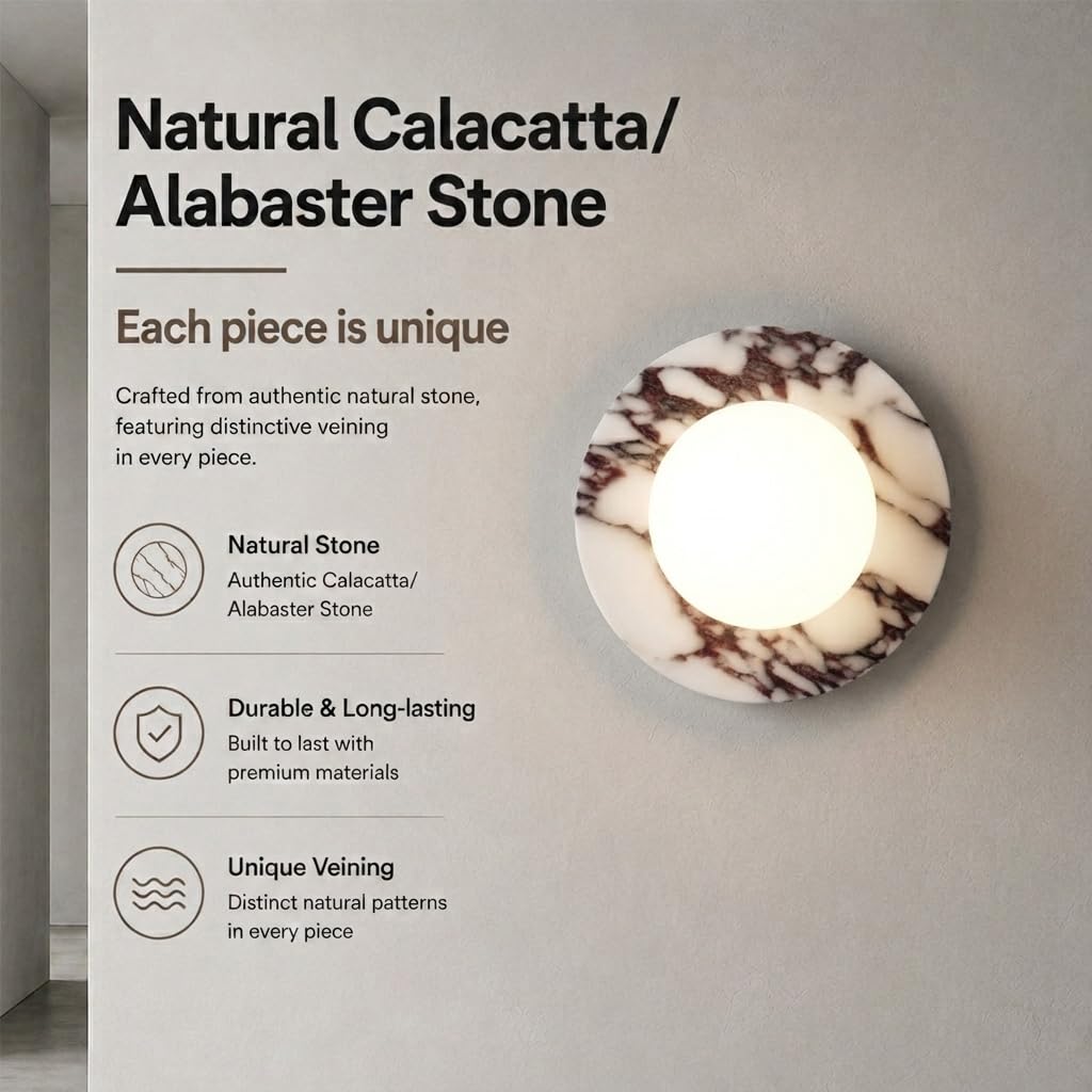 7.9 Inch Natural Alabaster Wall Sconce Milk Glass Globe G9 Hardwired Light (Calacatta Viola)