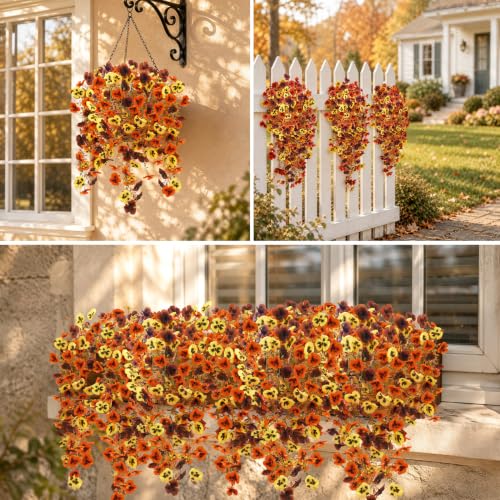 2Pcs Fall Pansies Flowers Artificial with 2'' Large Flower Heads (Yellow/Orange/Burgundy Pansy Flowers)