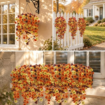 2Pcs Fall Pansies Flowers Artificial with 2'' Large Flower Heads (Yellow/Orange/Burgundy Pansy Flowers)