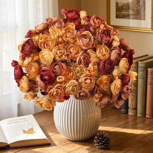 30Pcs Ranunculus Artificial Flowers Fall Faux Silk Mini Ranunculus (Maple Orange&burgundy&mocha Brown&fall Yellow)