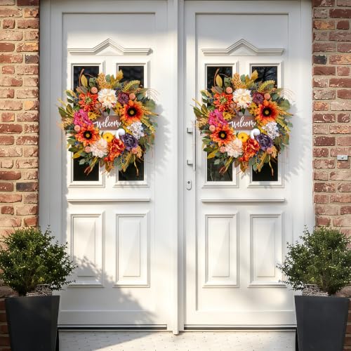 Artificial Harvest Fall Wreaths for Front Door 24 Inch Autumn Wreath (Fall Welcome Wreath)