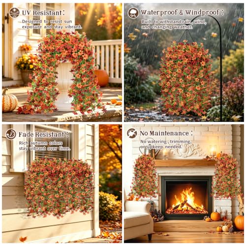 4PCS 688 Blooms Artificial Fall Flowers (4*green Red Orange 720-blooms Six-petaled Hanging Flowers)