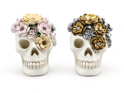 2 Gothic Halloween Decor Resin Pastel Flower Skull Figurines (Floral Skull)