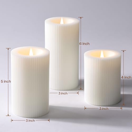 Ribbed Moving Flame Flameless Pillar Candles with Remote Set of 3