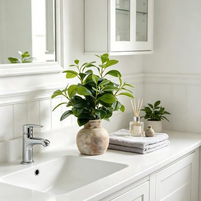 Fake Faux Potted Plant Ficus Ceramic Pot Rustic Home Decor (Green Fig Leaf Plant 17" H)