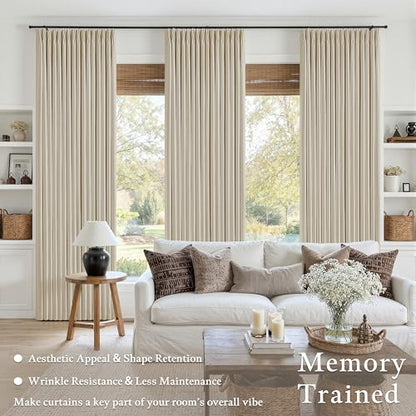 Cream Beige Pleated Linen Blackout Curtains 100 Inches Long for Bedroom (Cream Beige / 50"W x 100"L (Pack of 2))