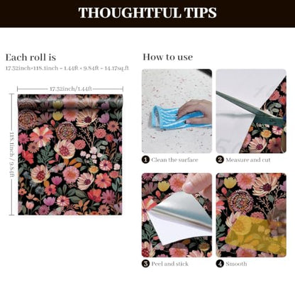 Vintage Floral Wallpaper Peel and Stick Boho Wall Paper Removable Waterproof Botanical Contact Paper for Bedroom