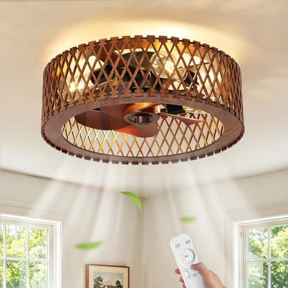 20" Wooden Flush Mount Caged Ceiling Fan with Light