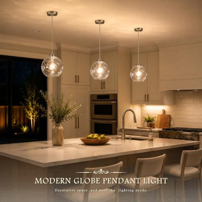 8" Nickel Globe Pendant Light 2 Pack Ribbed Glass Pendant Lights Kitchen Island Height Adjustable Mid (Nickel & Fluted Glass / 8 Inch)