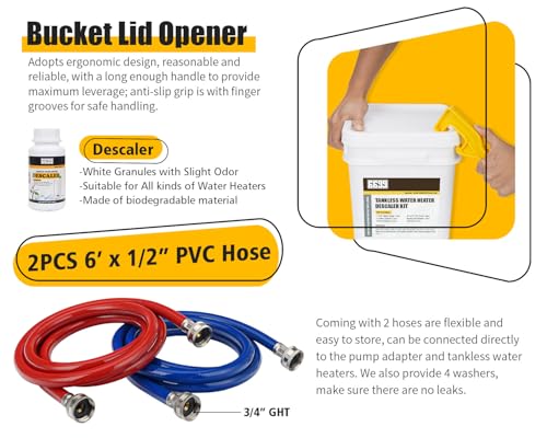 Tankless Water Heater Flushing Kit Includes Stainless Steel Pump with Two Adapters & Cleaner & 3 Gallons Pail with Bucket Lid Opener & Two 1