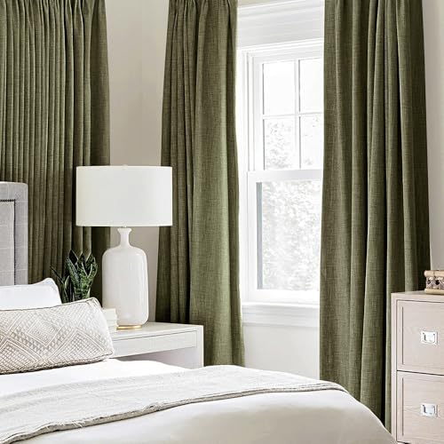 100% Blackout Linen Curtains for Bedroom 52x96 Light Olive Green (Light Olive Green / 52"W x 96"L (Pack of 2))