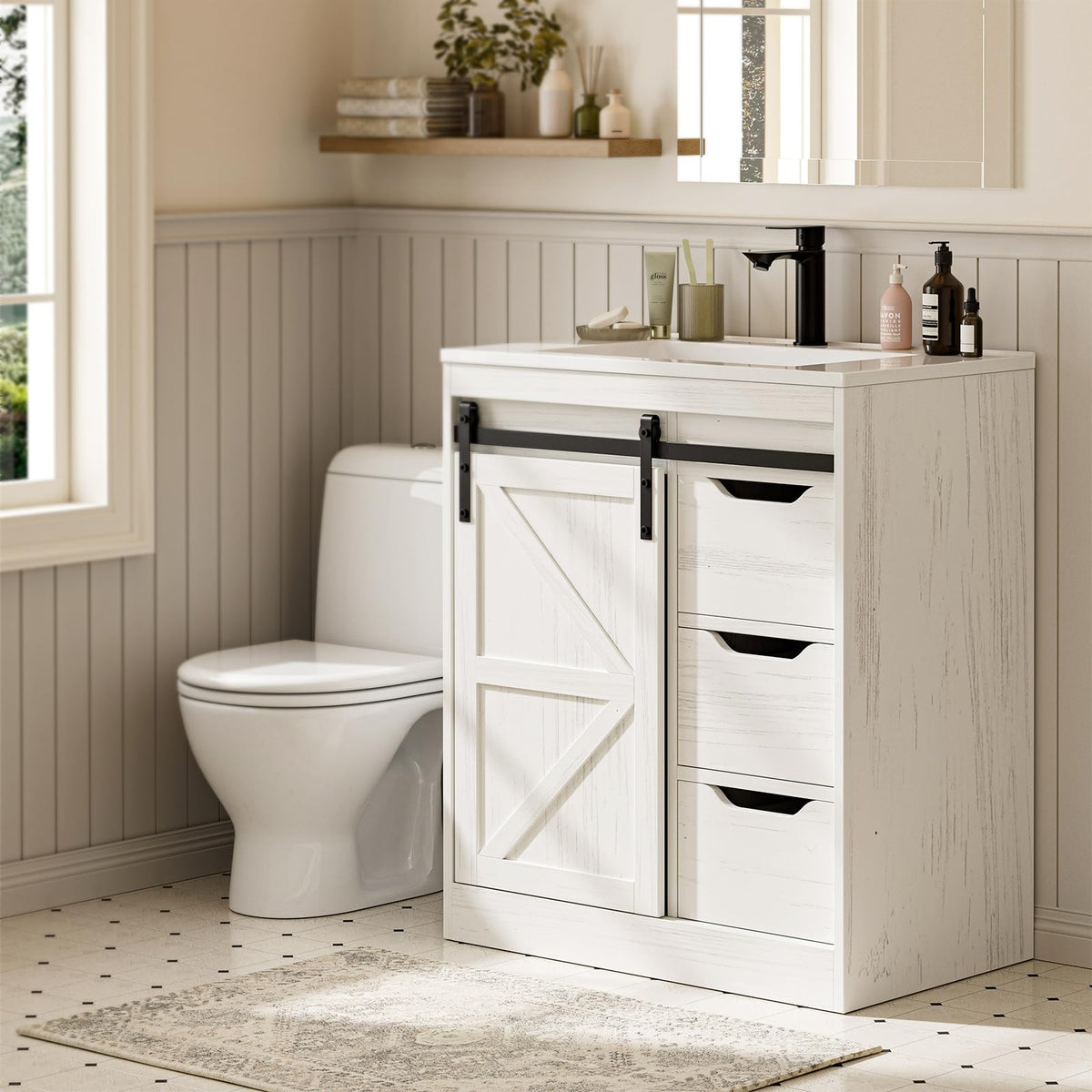 Bathroom Vanity with Sink (Distressed White / 30")