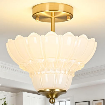 Semi Flush Mount Light with Floral Shade