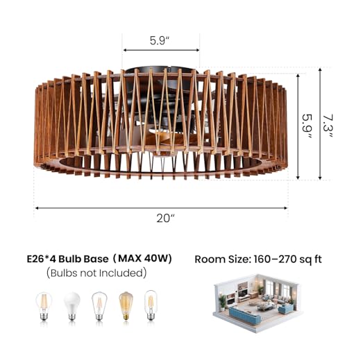 20" Wooden Flush Mount Caged Ceiling Fan with Light
