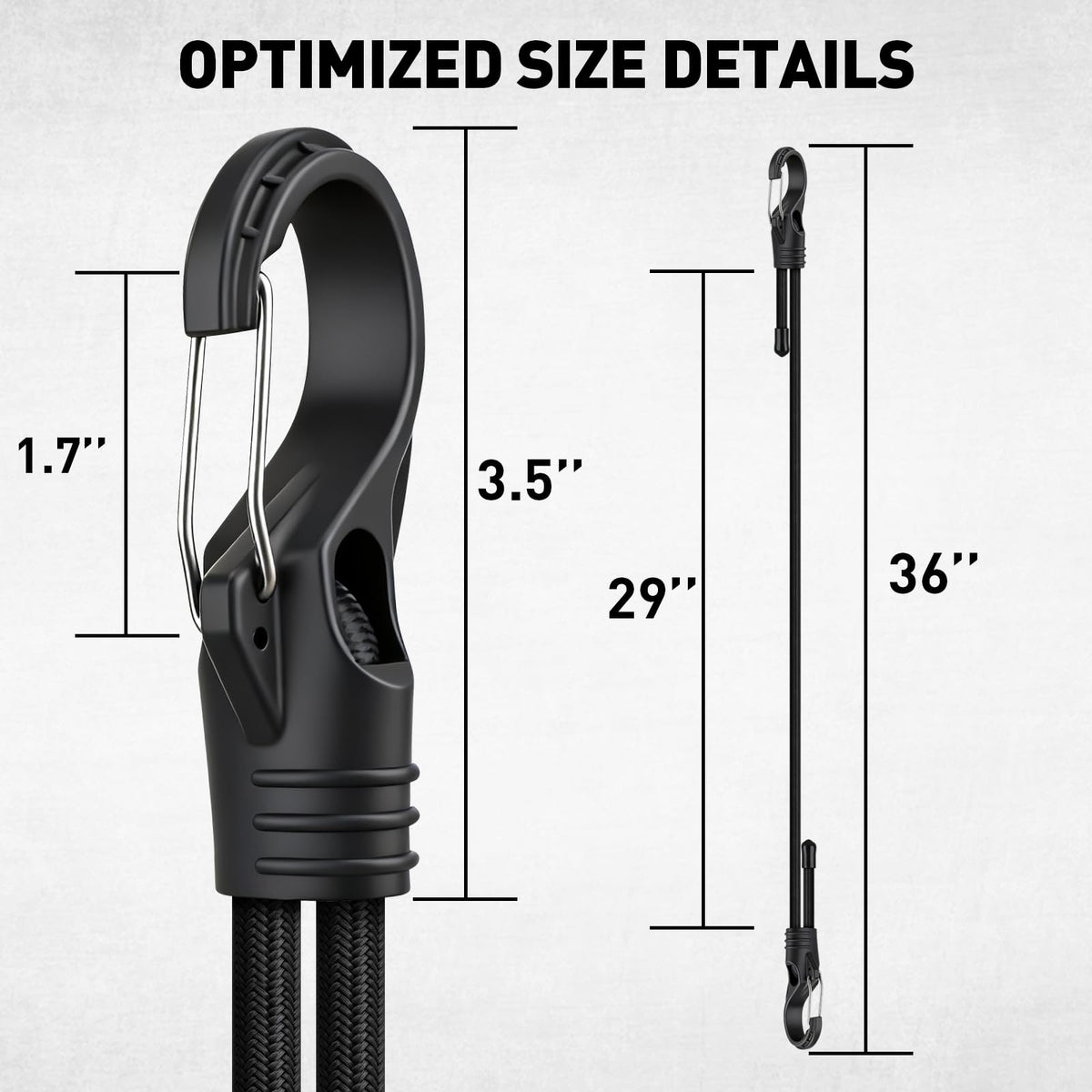 4-Piece 36-inch Adjustable Bungee Cords with Hooks, Easily Adjust from 7" to 36", Heavy Duty Outdoor Carabiner Bungee Cords, Black Super Elastic Cord for Cargo, Camping, Tents, Luggage (4pcs 36" Adjustable Black)