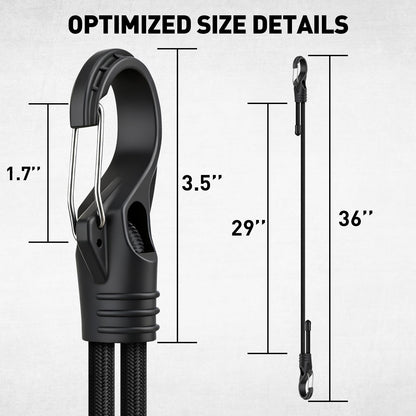 4-Piece 36-inch Adjustable Bungee Cords with Hooks, Easily Adjust from 7" to 36", Heavy Duty Outdoor Carabiner Bungee Cords, Black Super Elastic Cord for Cargo, Camping, Tents, Luggage (4pcs 36" Adjustable Black)
