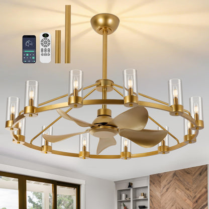 44" Wagon Wheel Chandelier Ceiling Fan with 12 Lights (Gold)