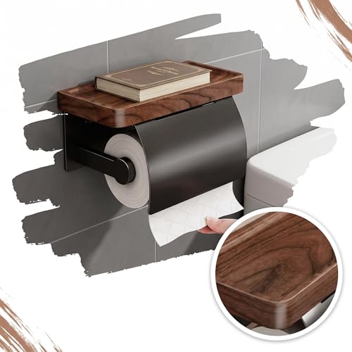 Toilet Paper Holder with Wooden Walnut Shelf