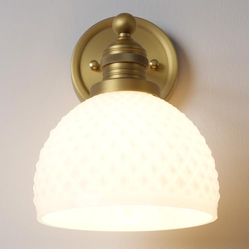 Brass Wall Sconce Vintage Milk White Glass Vanity Light Hardwired Gold Wall Mounted Lamp for Bathroom Mirror to Elevate Decor & Refresh Older Home’s Look E26