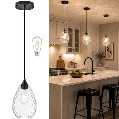 Glass Pendant Lights Kitchen Island 6" Pendant Light Fixtures Hammered Clear Glass Height Adjustable Modern Hanging Pendant Lights for Dining Room