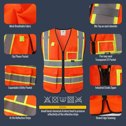 Safety Vest for Men Women Hi Vis Vest with Pockets and Zipper High Visibility Reflective Safety Vests Meet ANSI Standard Orange Color Extended Yellow Strips (Orange / Small)