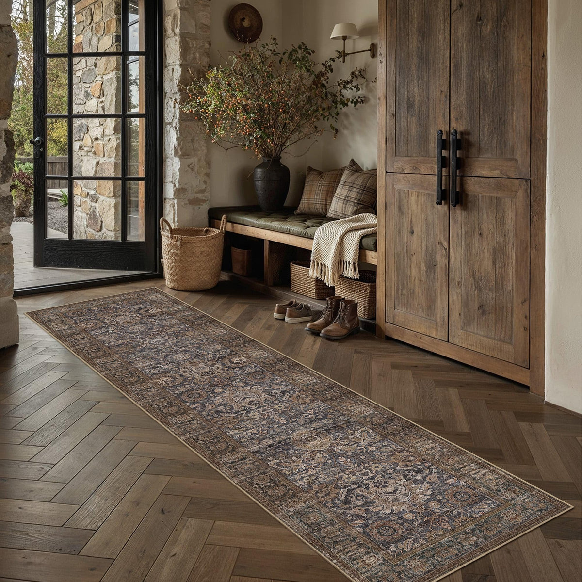 Hallway Runner Rugs 3x10 Blue Brown Vintage Rug (Retro | Blue Brown / 3' x 10' (Runner))