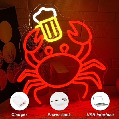 Crab Beer Neon Sign for Wall Decor Drinking Neon Light Bar Led Sign Red Seafood Neon Light Sign for Bar Seafood Market Coastal Beach Themed Restaurant (Red Beer Crab)