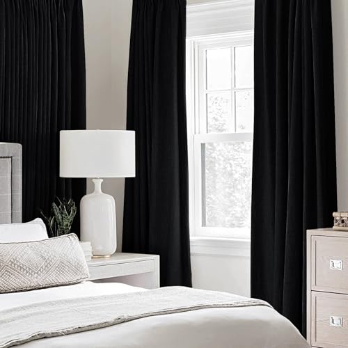 100% Blackout Linen Curtains for Bedroom 52x90 Inches Black (Black / 52"W x 90"L (Pack of 2))