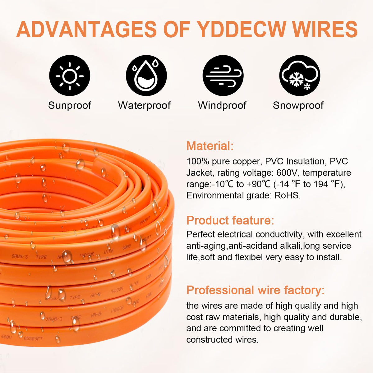 8/3 NM-B Wire with Ground - 5FT 8 AWG 3 Conductor Non-Metallic Sheathed Cable Pure Copper Residential Indoor Wire for Outlets, Switches, Other Loads and Lighting Wiring Projects etc.(Orange) (5FT)