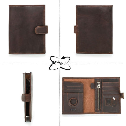Full Grain Leather Passport Holder Compatible with Airtag Slot RFID Blocking Passport Wallet Travel Slim Passport Cover with SIM Card Removal Tool (Coffee / Plain- Snap)
