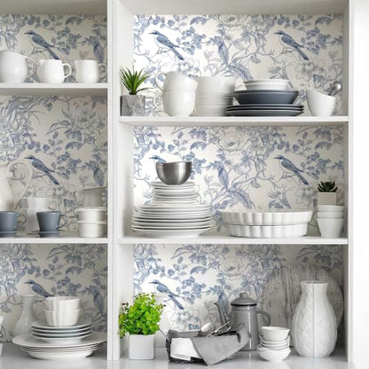 Floral Peel and Stick Wallpaper Blue Floral Bird Contact Paper