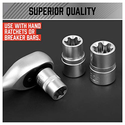 14-Piece E-TORX Socket Set - Premium Female Torx Socket Set, Ultimate Torque Star Sockets, External Torx Sockets, E4 E5 E6 E7 E8 E10 E11 E12 E14 E16 E18 E20 E22 E24 (14-Piece E-Torx - (E4-E24))
