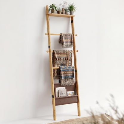 71" 4-in-1 Blanket Ladder for Living Room, 5-Tier Leaning Bamboo Decorative Towel & Quilt Rack with Magazine Leather Pocket