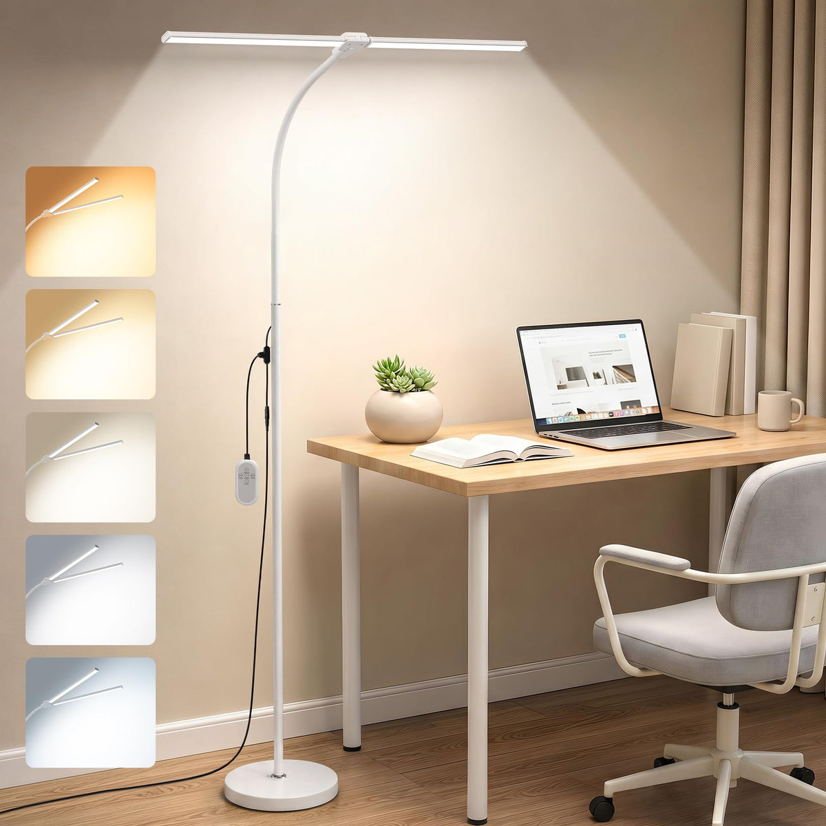 Dual head LED Floor Lamp 20W 1400LM Adjustable Neck Bright Light White (White)