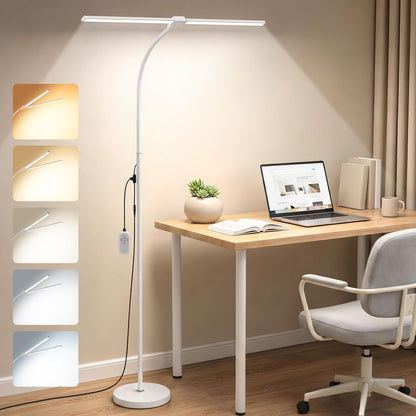 Dual head LED Floor Lamp 20W 1400LM Adjustable Neck Bright Light White (White)