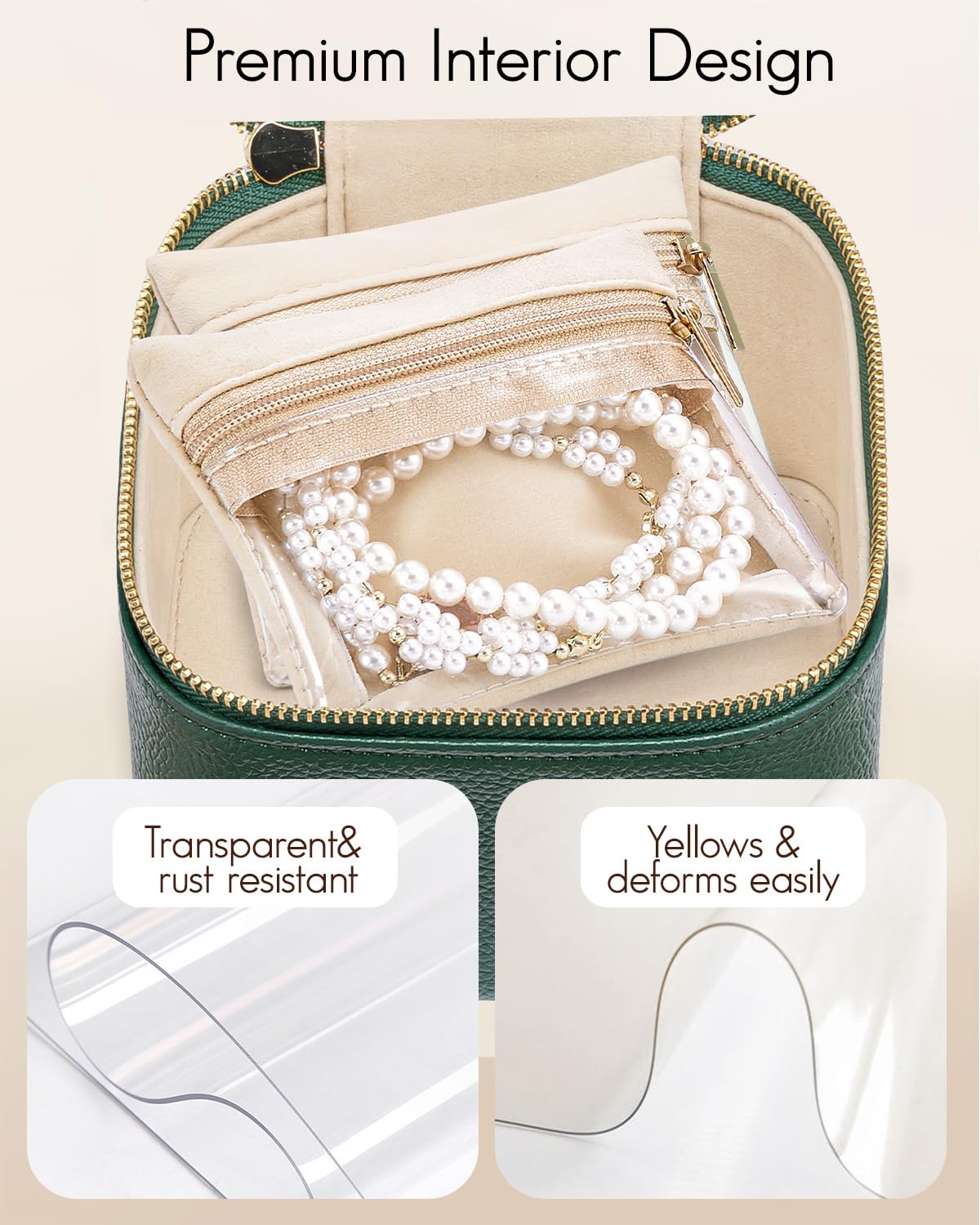 Travel Jewelry Organizer with 6 Clear Velvet Zipper Pouches (B.6 PCS Green)