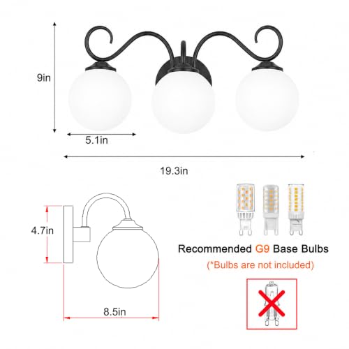 3 Light Bathroom Vanity Light with Milky Globe Glass