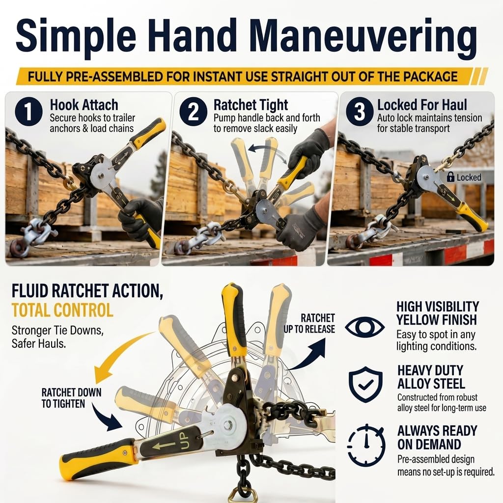 4 Pack 3/8"-1/2" EZ Ratchet Chain Binder with G70 Grab Hooks, Ratchet Load Binder Kit, 6600 lbs WLL Heavy Duty Cargo Tie Down for Flatbed Trailers & Trucks (3/8" - 1/2"(4 Pack))