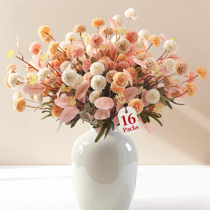 16 Pcs Faux Silk Mums with Eucalyptus (Beige Pink Orange White)